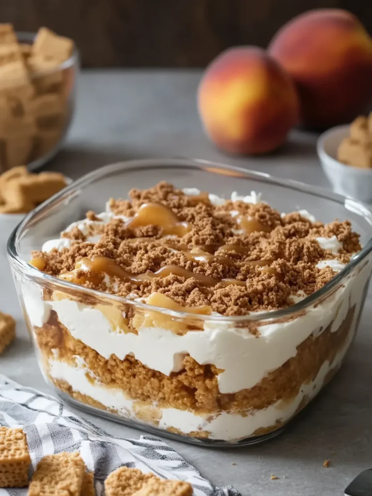 No-Bake Peach Pudding Biscoff Caramel Casserole
