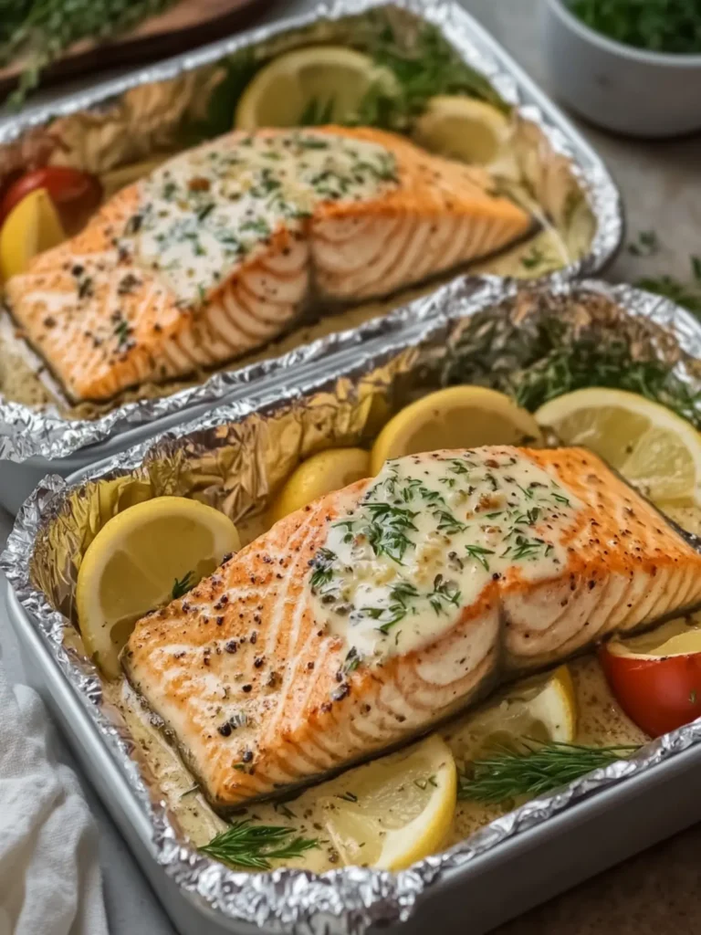 Creamy Garlic Herb Seafood Foil Packs – Easy Salmon Steaks Bliss 4 Creamy Garlic Herb Seafood Foil Packs – Easy Salmon Steaks Delight
