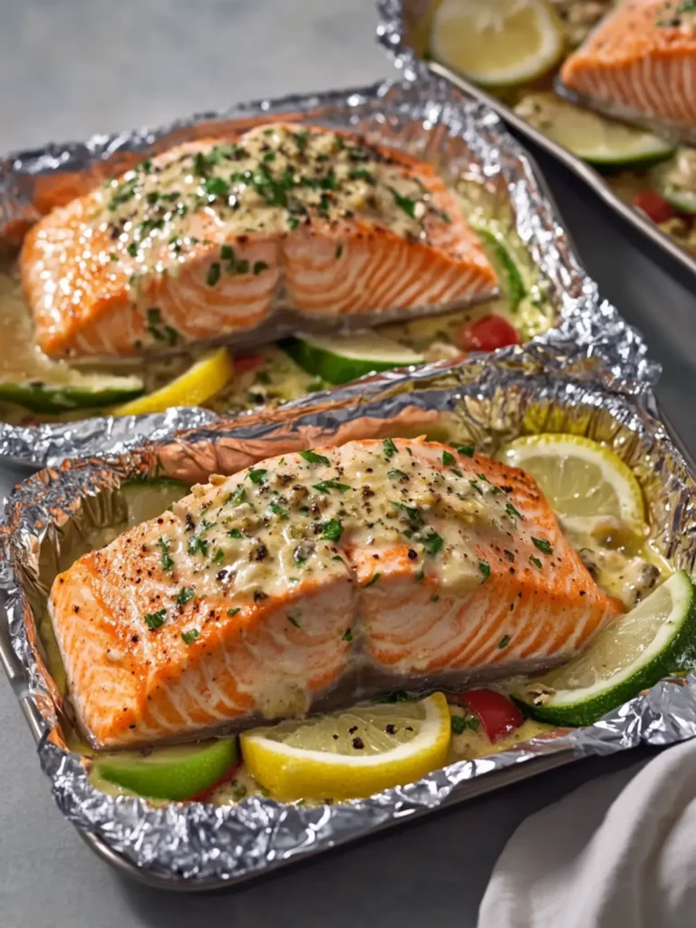 Creamy Garlic Herb Seafood Foil Packs – Easy Salmon Steaks Bliss 2 Creamy Garlic Herb Seafood Foil Packs – Easy Salmon Steaks Delight