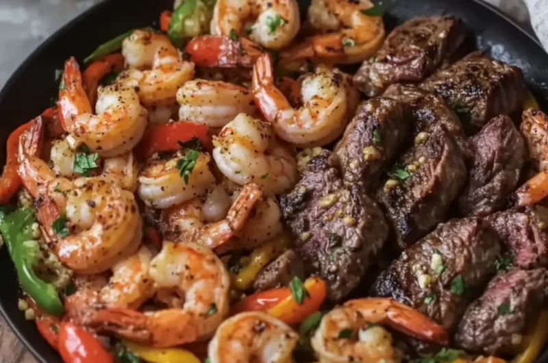 Garlic Butter Steak and Shrimp with Peppers