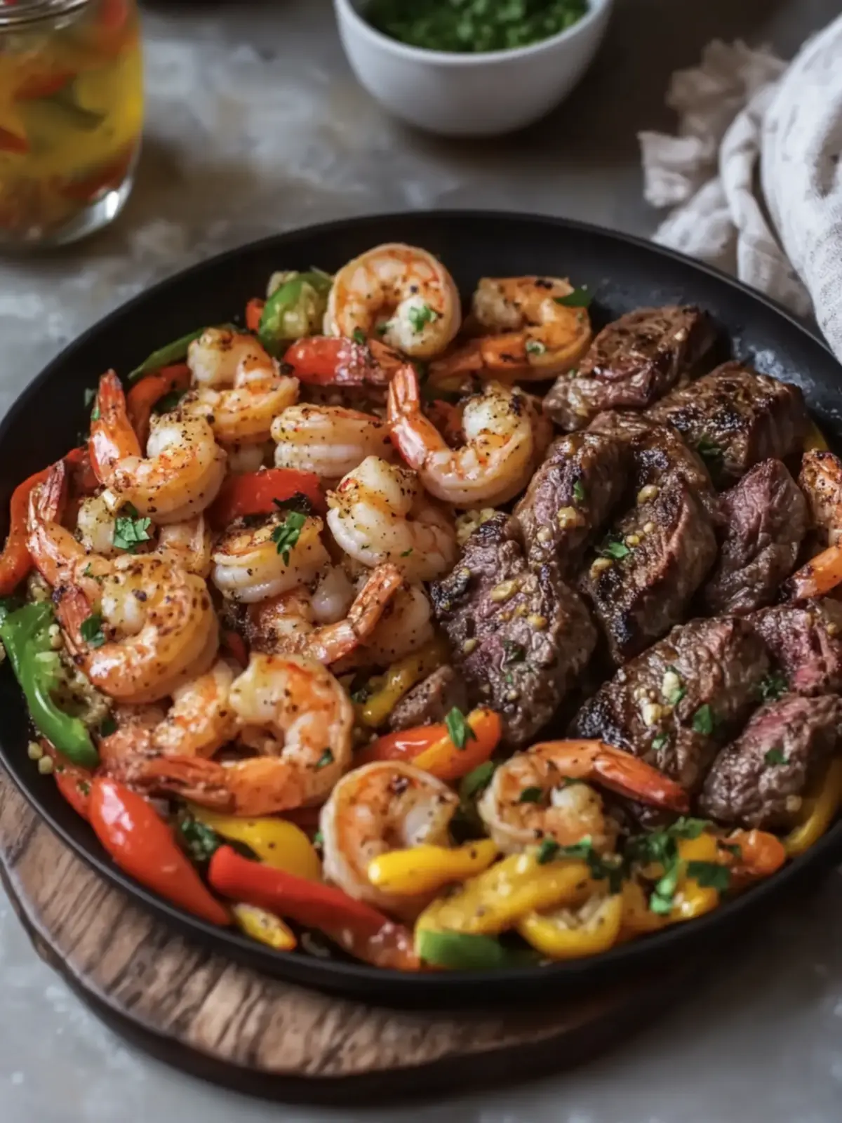 Garlic Butter Steak and Shrimp with Peppers