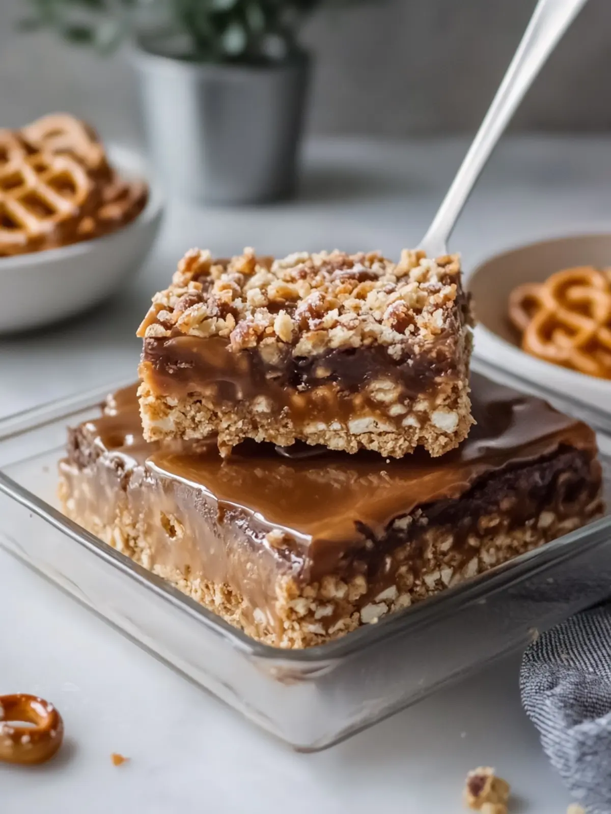 Oven Baked 5-Ingredient Caramel Pretzel Crunch Bars