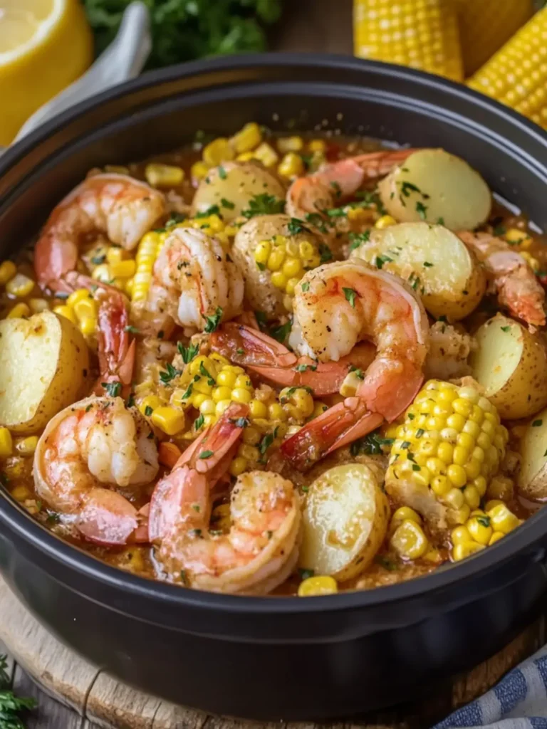 Slow Cooker Garlic Butter Shrimp Boil with Corn and Potatoes