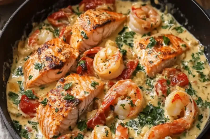 Tuscan Salmon and Shrimp Cream Skillet