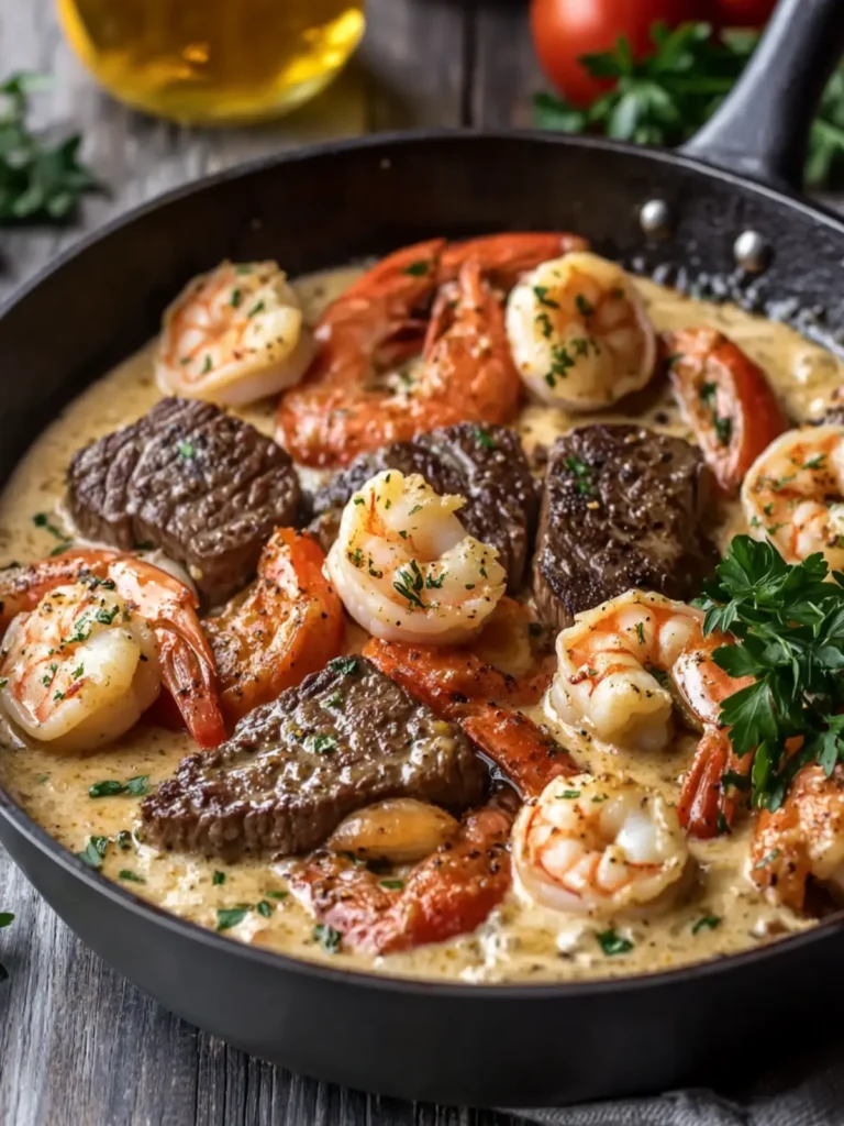 Creamy Garlic Butter Steak and Shrimp Pepper Skillet