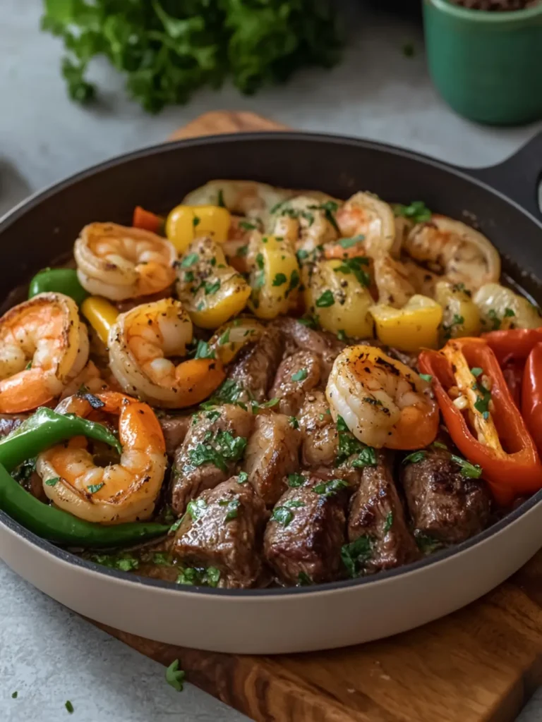 Garlic Butter Steak and Shrimp with Peppers