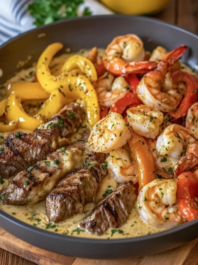 Garlic Butter Steak and Shrimp with Bell Peppers in Creamy Garlic Sauce