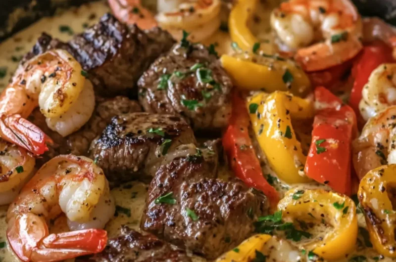 Garlic Butter Steak and Shrimp with Bell Peppers in Creamy Garlic Sauce