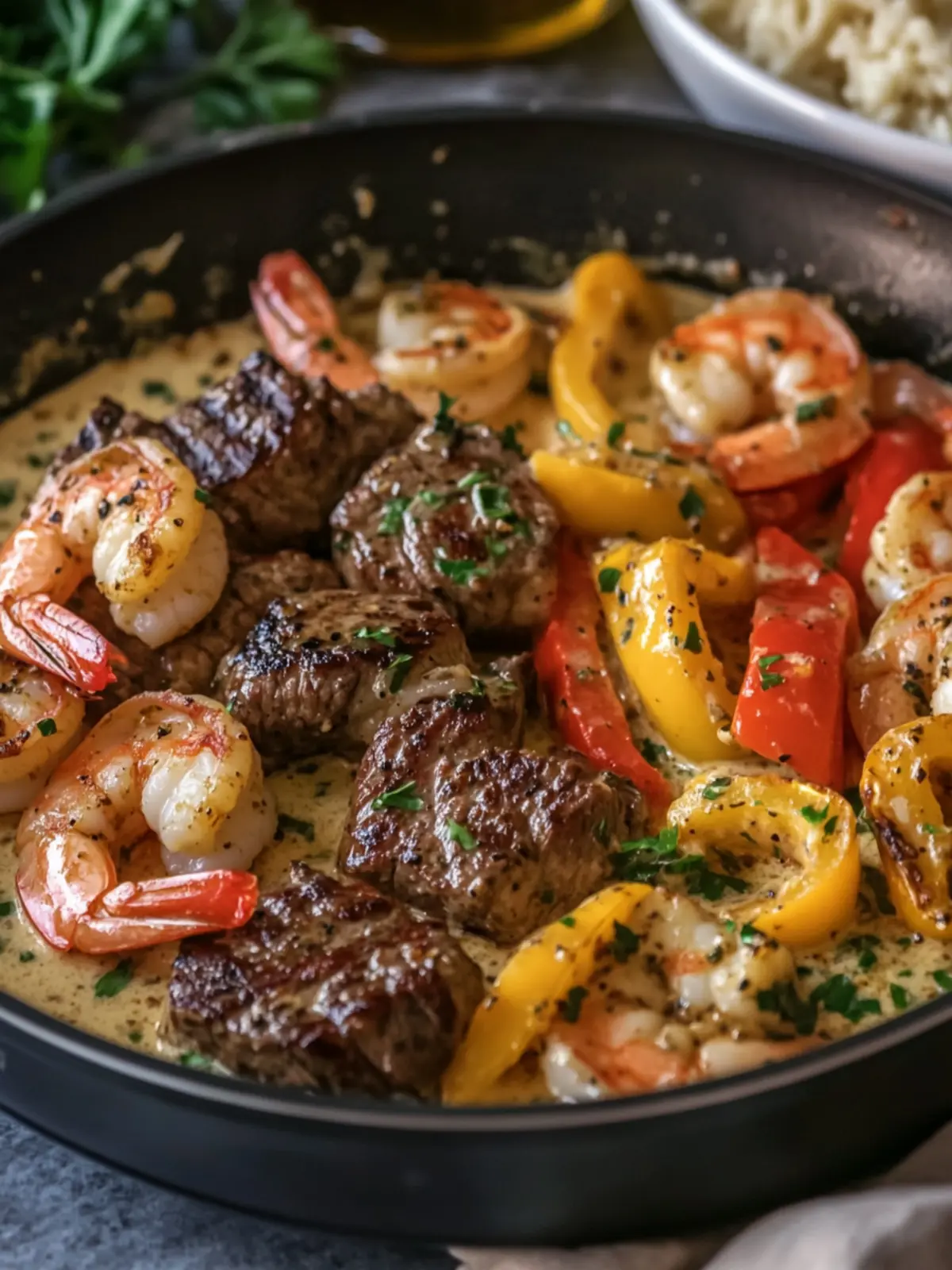 Garlic Butter Steak and Shrimp with Bell Peppers in Creamy Garlic Sauce