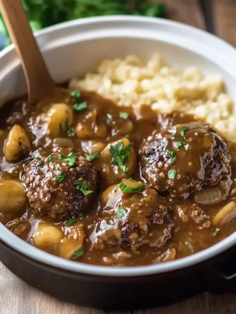 Slow Cooker Juicy Beef Salisbury Steaks with Rich Onion Gravy 3 Slow Cooker Juicy Beef Salisbury Steaks