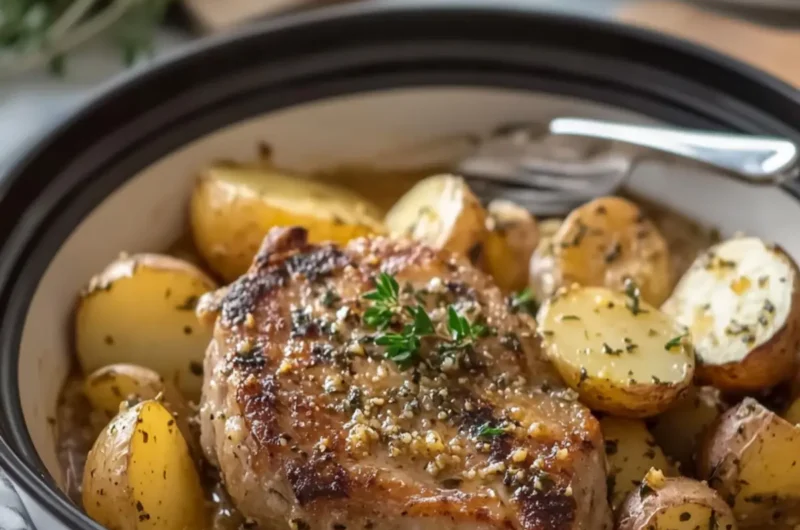 Slow Cooker Garlic Butter Pork Chops & Potatoes