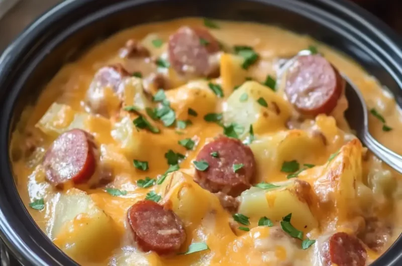 Crockpot Creamy Cheesy Potatoes and Beef Kielbasa