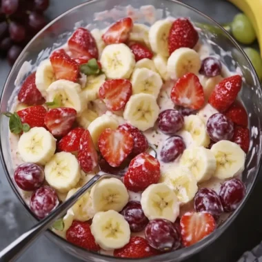 Creamy Strawberry Banana & Grape Fruit Salad Delight!