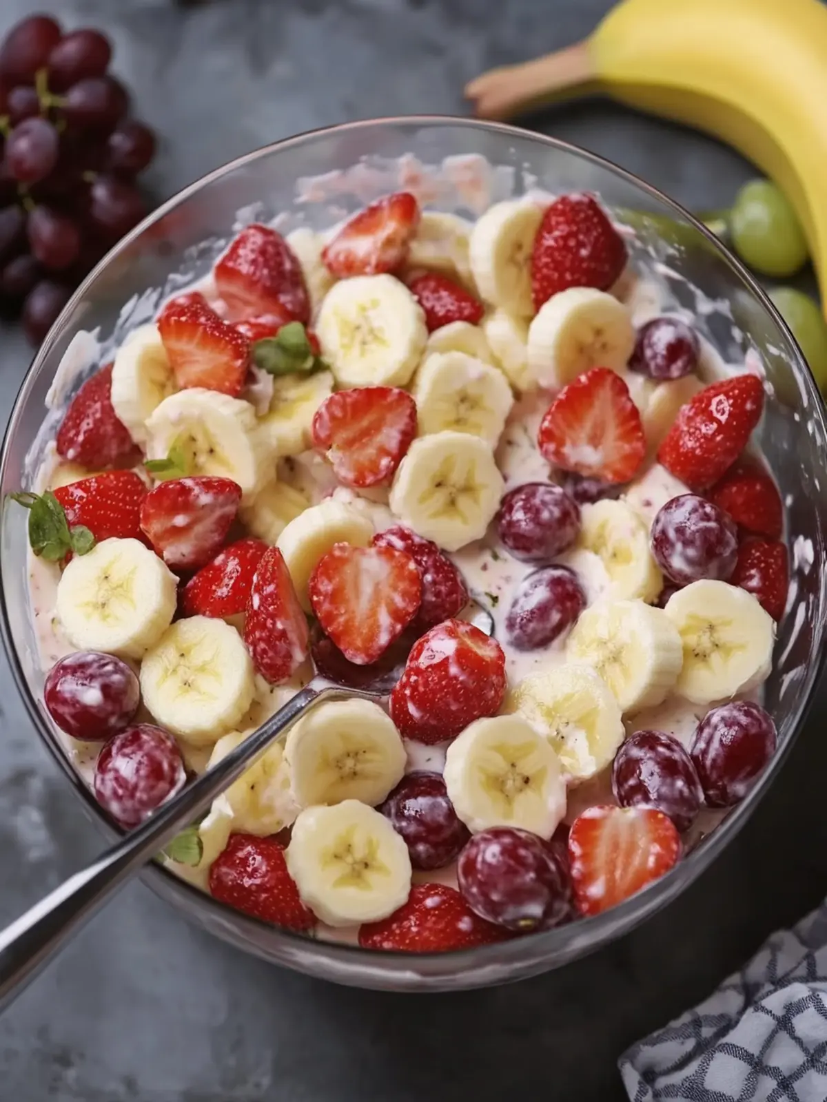 Creamy Strawberry Banana & Grape Fruit Salad Delight! 5 Creamy Strawberry Banana & Grape Fruit Salad