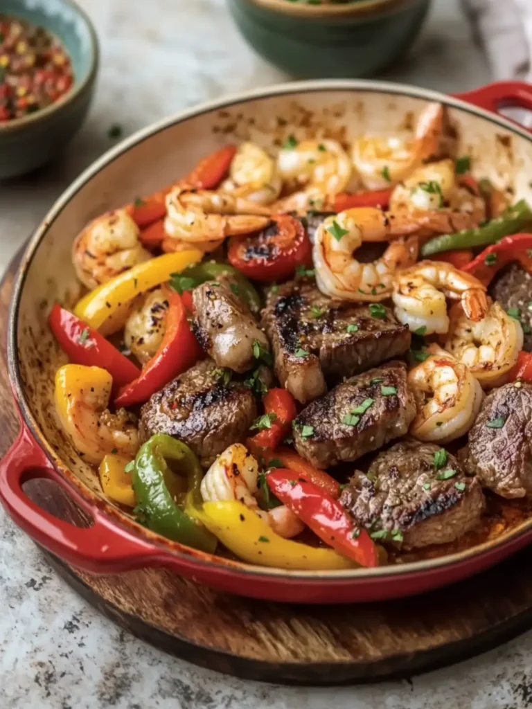 Garlic Butter Steak and Shrimp with Peppers