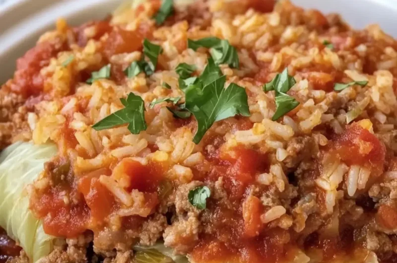 Crockpot Cabbage Roll Casserole Savory beef and Tender Rice mixture
