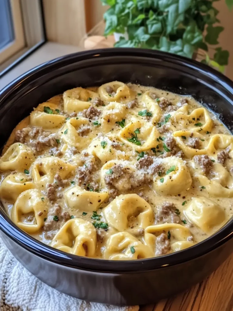 Crockpot Creamy Beef & Cheese Tortellini