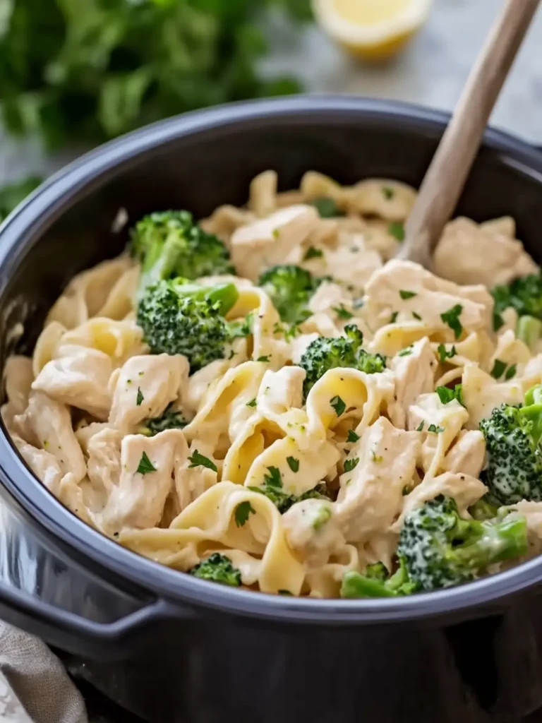 Slow Cooker Creamy Chicken Broccoli Alfredo with Egg Noodles