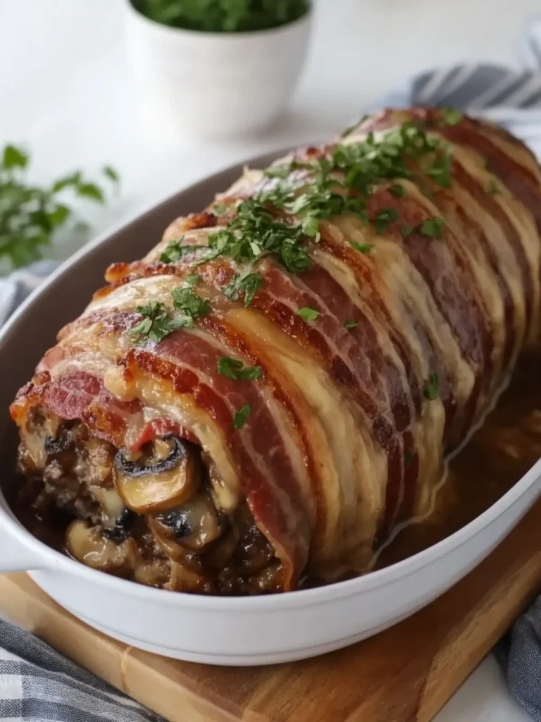 Irresistible Bacon-Wrapped Mushroom Swiss Meatloaf in Crockpot 4 Bacon-Wrapped Mushroom Swiss Meatloaf (Crockpot)