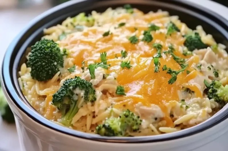 Crockpot Broccoli Cheddar Chicken Orzo