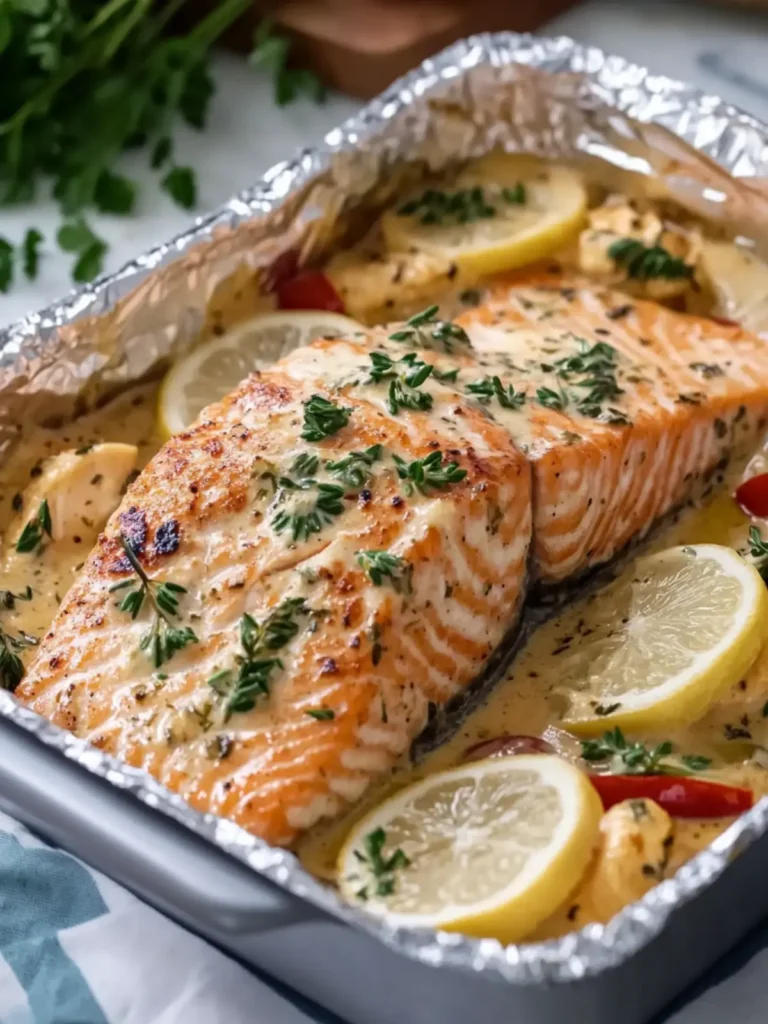 Creamy Garlic Herb Seafood Foil Packs – Easy Salmon Steaks Bliss 2 Creamy Garlic Herb Seafood Foil Packs – Easy Salmon Steaks Delight