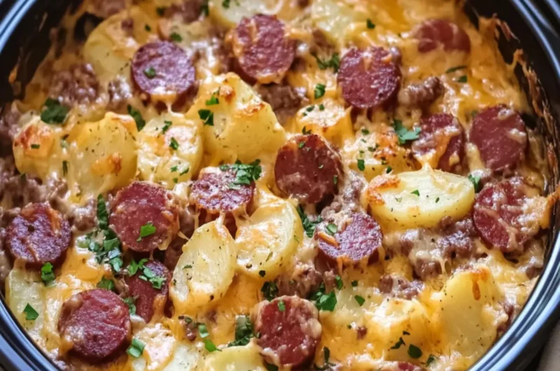 Creamy Crockpot Cheesy Potatoes and Beef Kielbasa Favorite