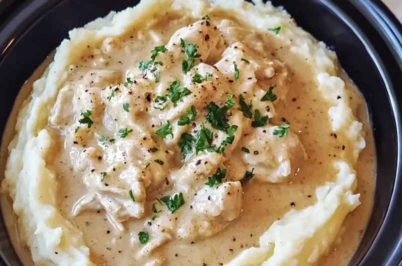 Crockpot Creamy Chicken and Gravy Over Mashed Potatoes