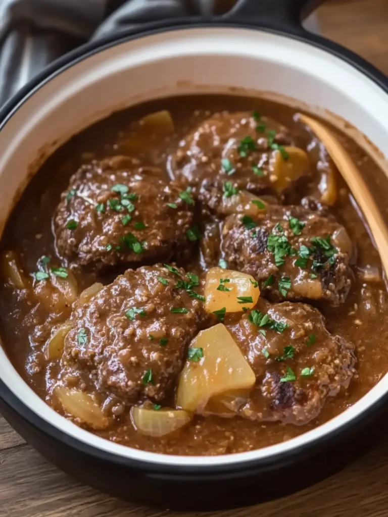 Slow Cooker Juicy Beef Salisbury Steaks with Rich Onion Gravy 2 Slow Cooker Juicy Beef Salisbury Steaks