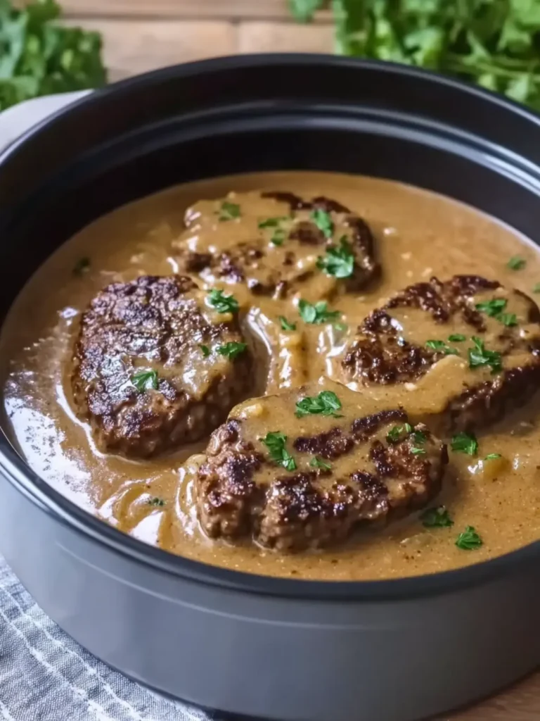 Slow Cooker Hamburger Steak in Creamy Onion Gravy