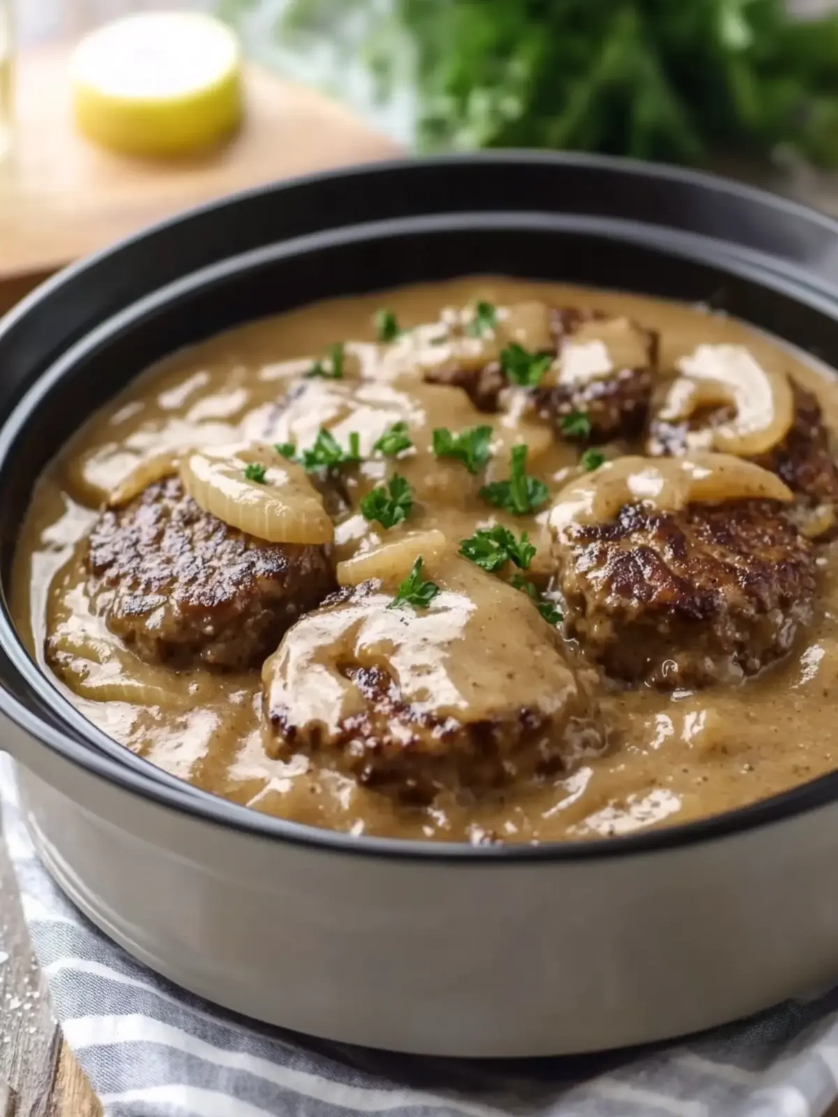 Slow Cooker Hamburger Steak in Creamy Onion Gravy