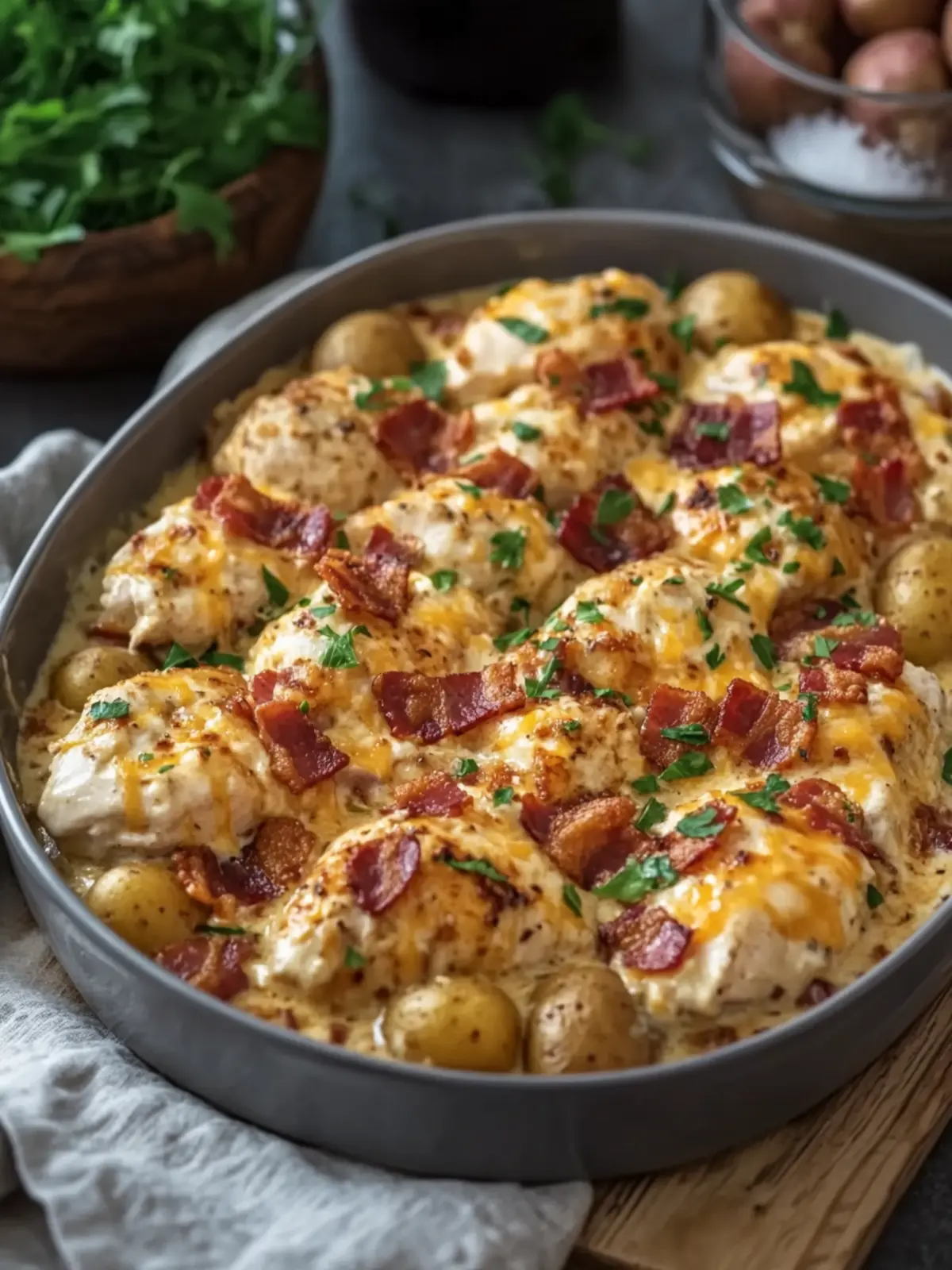 Creamy Ranch Chicken with Baby Potatoes, Cheddar & Crispy Bacon