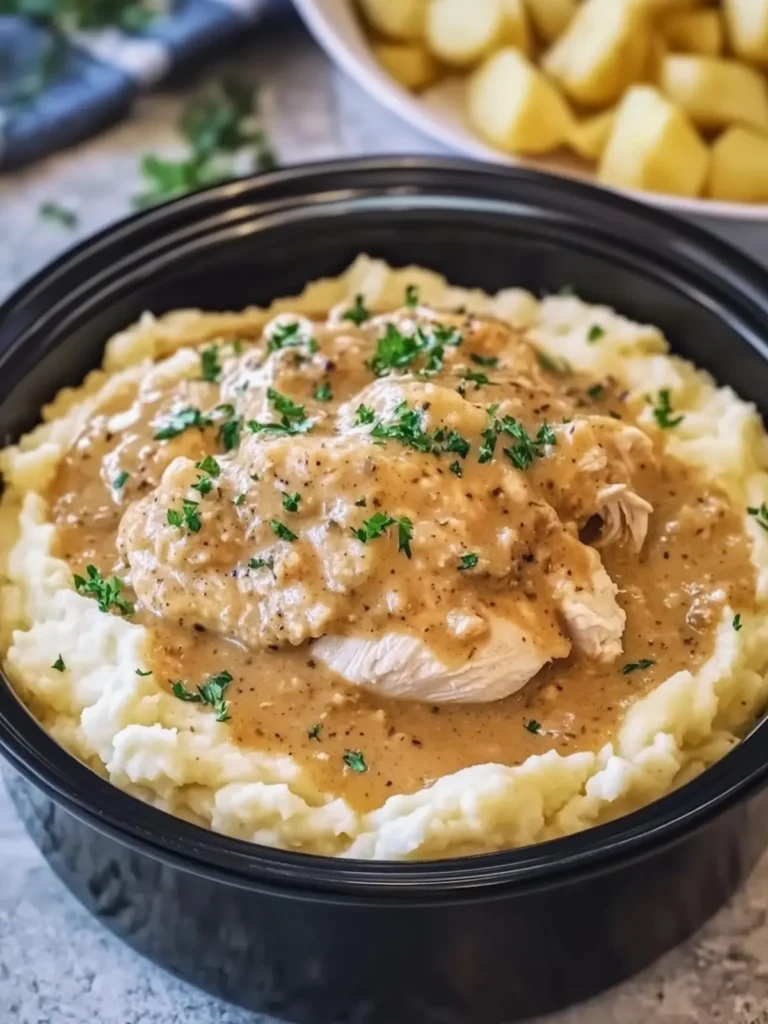 Crockpot Creamy Chicken and Gravy Over Mashed Potatoes Bliss 3 Crockpot Creamy Chicken and Gravy Over Mashed Potatoes
