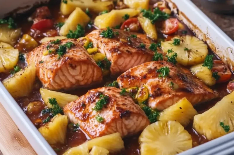 Pineapple Teriyaki Salmon Seafood Bake