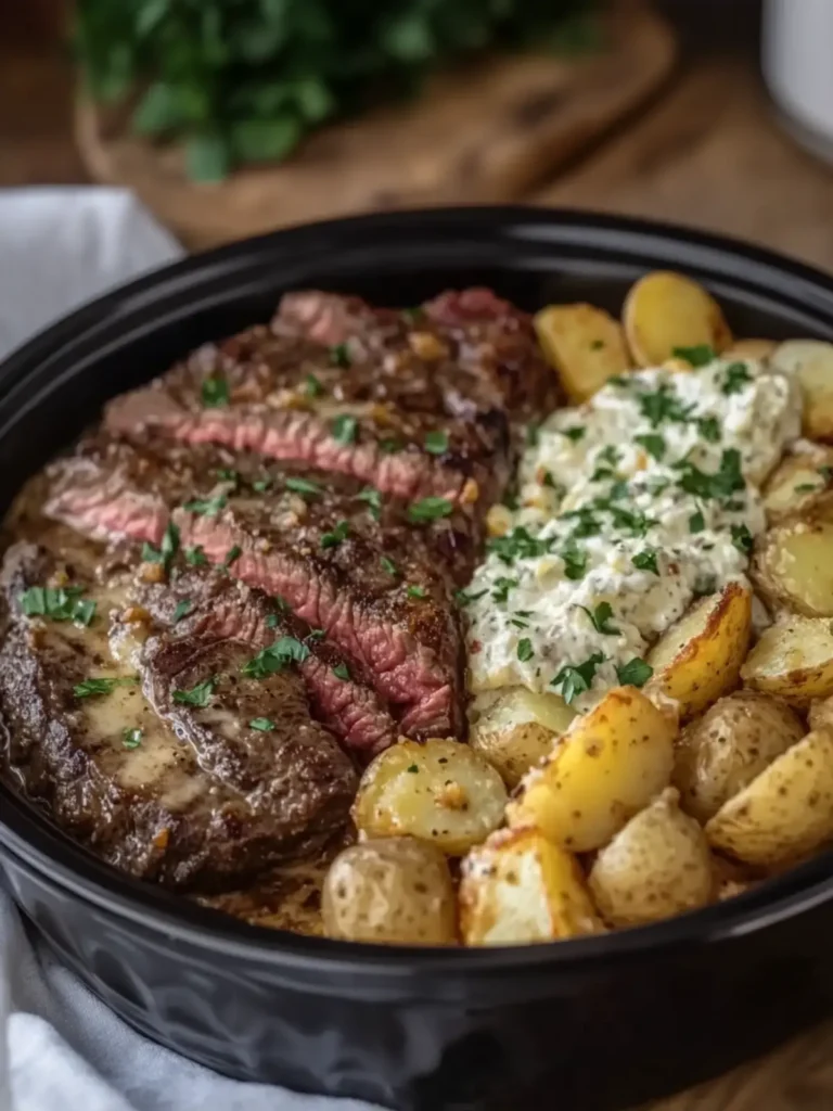 Savory Crockpot Garlic Butter Steak with Loaded Bacon Potatoes 2 Crockpot Garlic Butter Steak with Loaded Turkey Bacon Ranch Potatoes