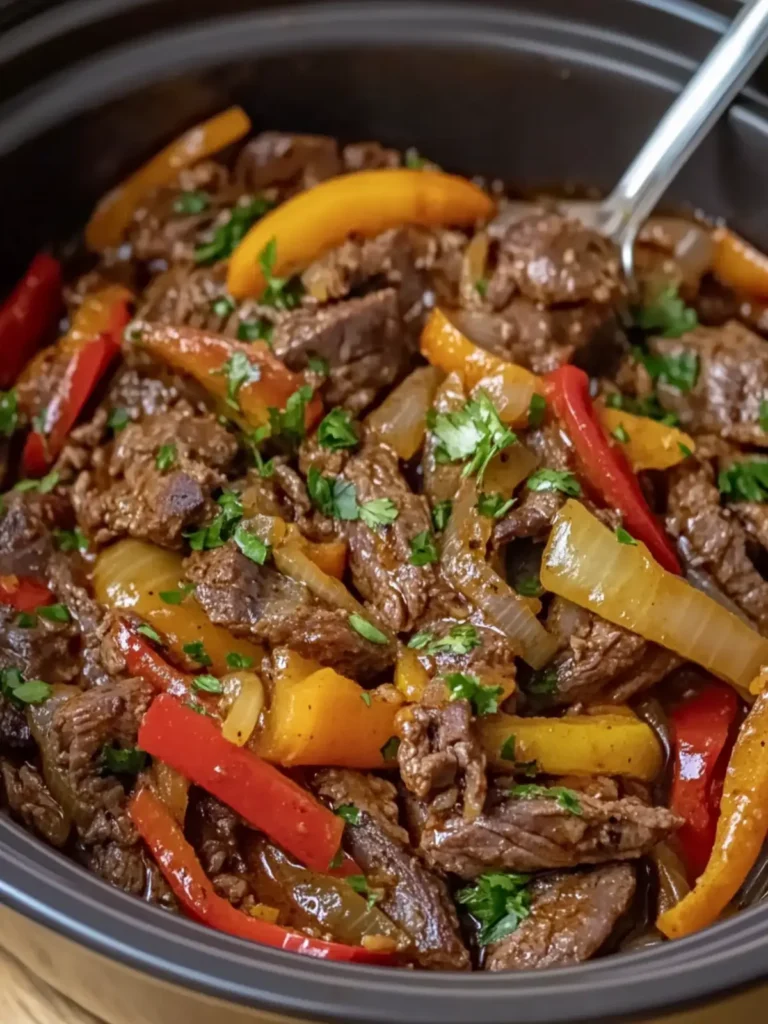 Crockpot Pepper Steak with Juicy Beef, Sweet Peppers, Onions 3 Crockpot Pepper Steak Loaded with Juicy Beef, Sweet Peppers and Onions