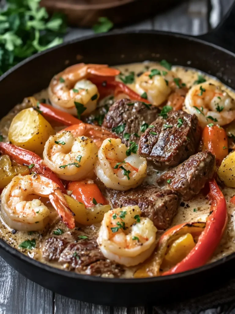 Creamy Garlic Butter Steak and Shrimp Pepper Skillet