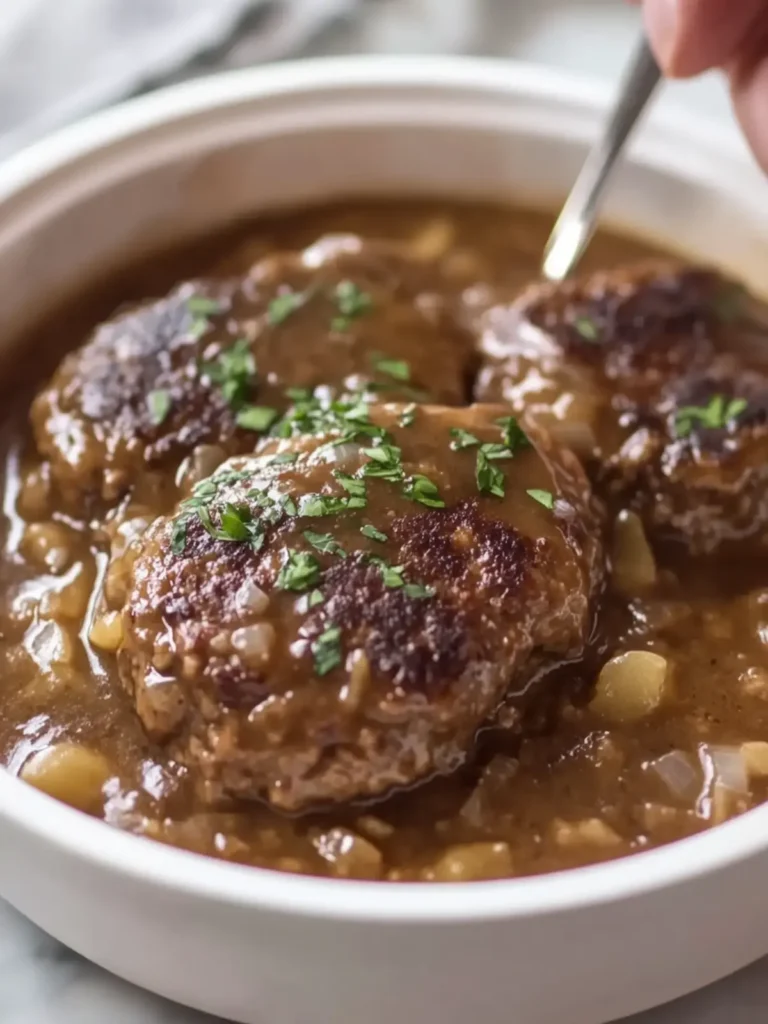 Slow Cooker Juicy Beef Salisbury Steaks with Rich Onion Gravy 4 Slow Cooker Juicy Beef Salisbury Steaks