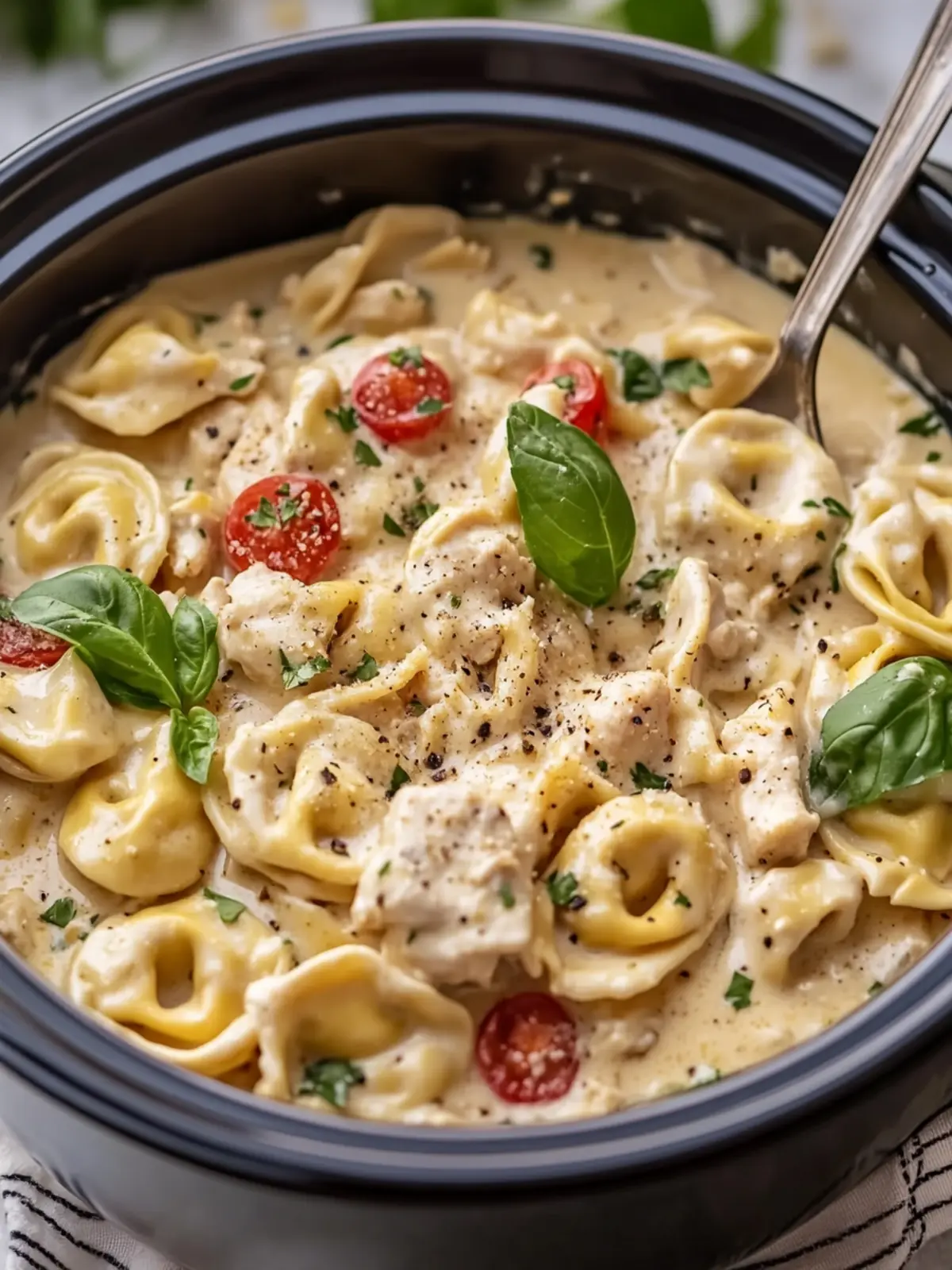 Crockpot Creamy Tuscan Chicken Tortellini