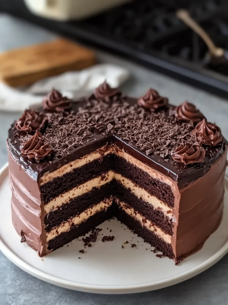 Decadent Moist Chocolate Cake with Dark Chocolate Crémeux Filling 2 Moist Chocolate Cake with Dark Chocolate Crémeux and Cream Cheese Filling