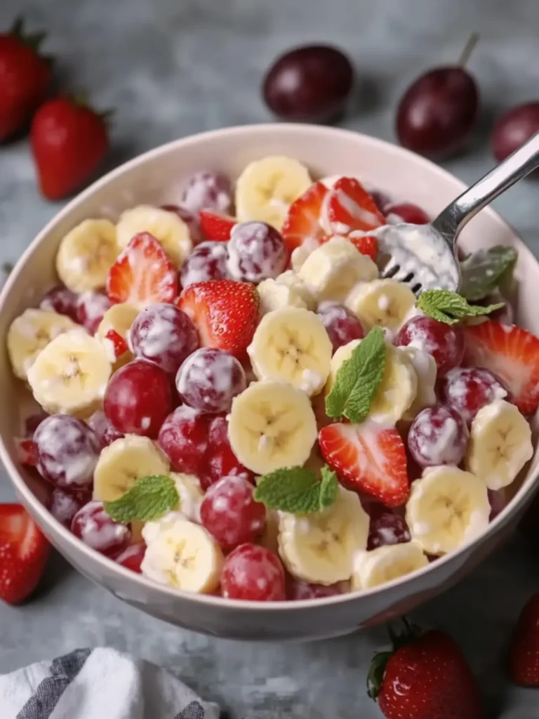 Creamy Strawberry Banana & Grape Fruit Salad Delight! 3 Creamy Strawberry Banana & Grape Fruit Salad
