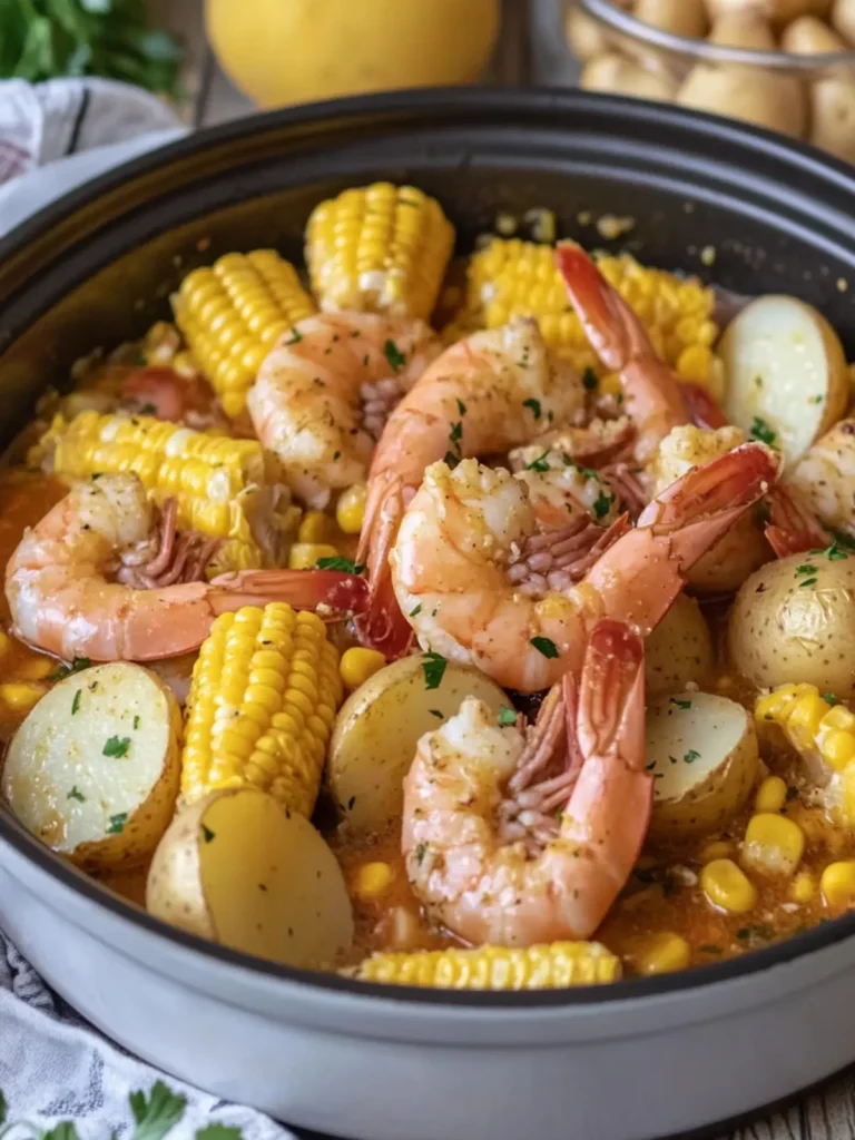 Slow Cooker Garlic Butter Shrimp Boil with Corn and Potatoes