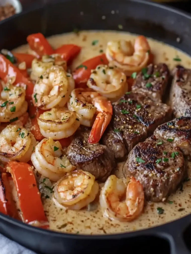 Savory Garlic Butter Steak and Shrimp with Creamy Sauce! 3 Garlic Butter Steak and Shrimp with Bell Peppers in Creamy Garlic Sauce