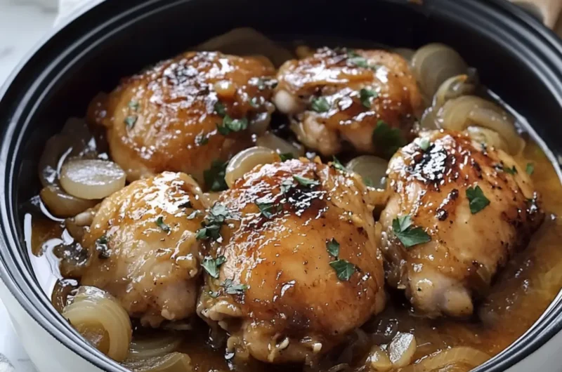 Slow Cooker Sticky Caramelized Onion Chicken Thighs