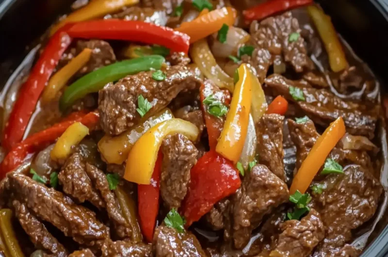 Crockpot Pepper Steak Loaded with Juicy Beef, Sweet Peppers and Onions