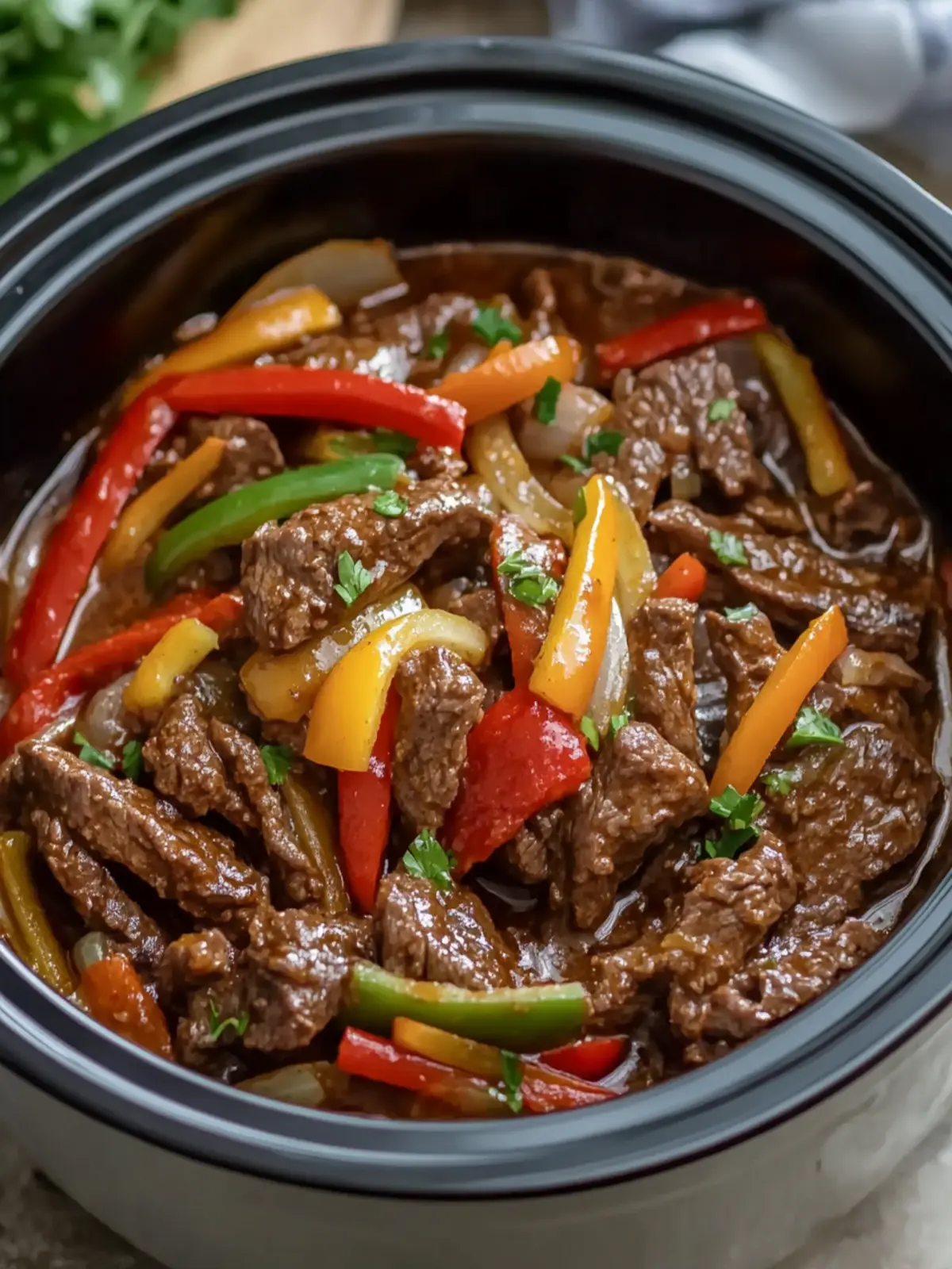 Crockpot Pepper Steak with Juicy Beef, Sweet Peppers, Onions 5 Crockpot Pepper Steak Loaded with Juicy Beef, Sweet Peppers and Onions