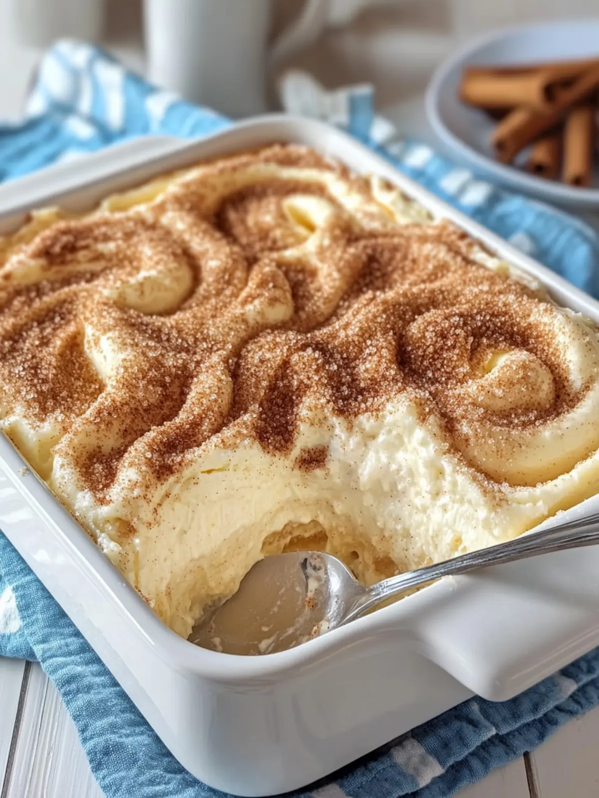 Cinnamon-Sugar Hawaiian Cheesecake Swirls in a Casserole Dish