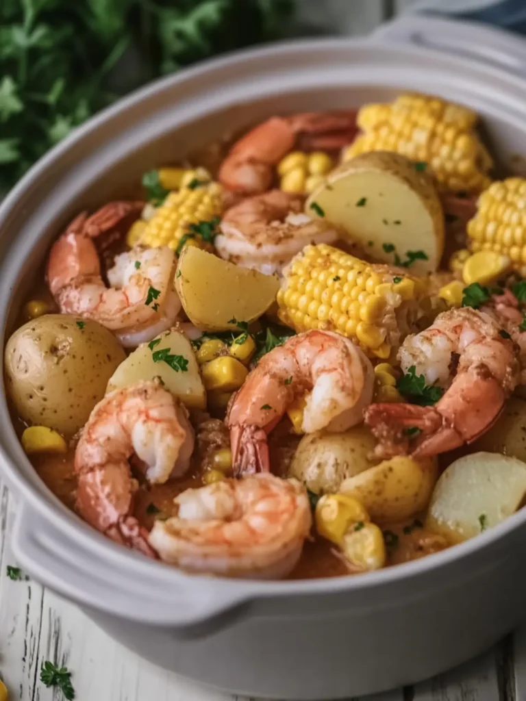 Slow Cooker Garlic Butter Shrimp Boil with Corn and Potatoes