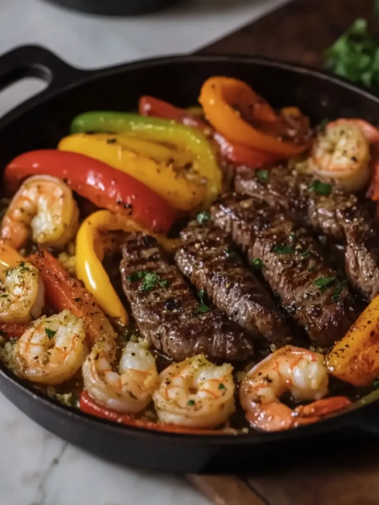 Garlic Butter Steak and Shrimp with Peppers