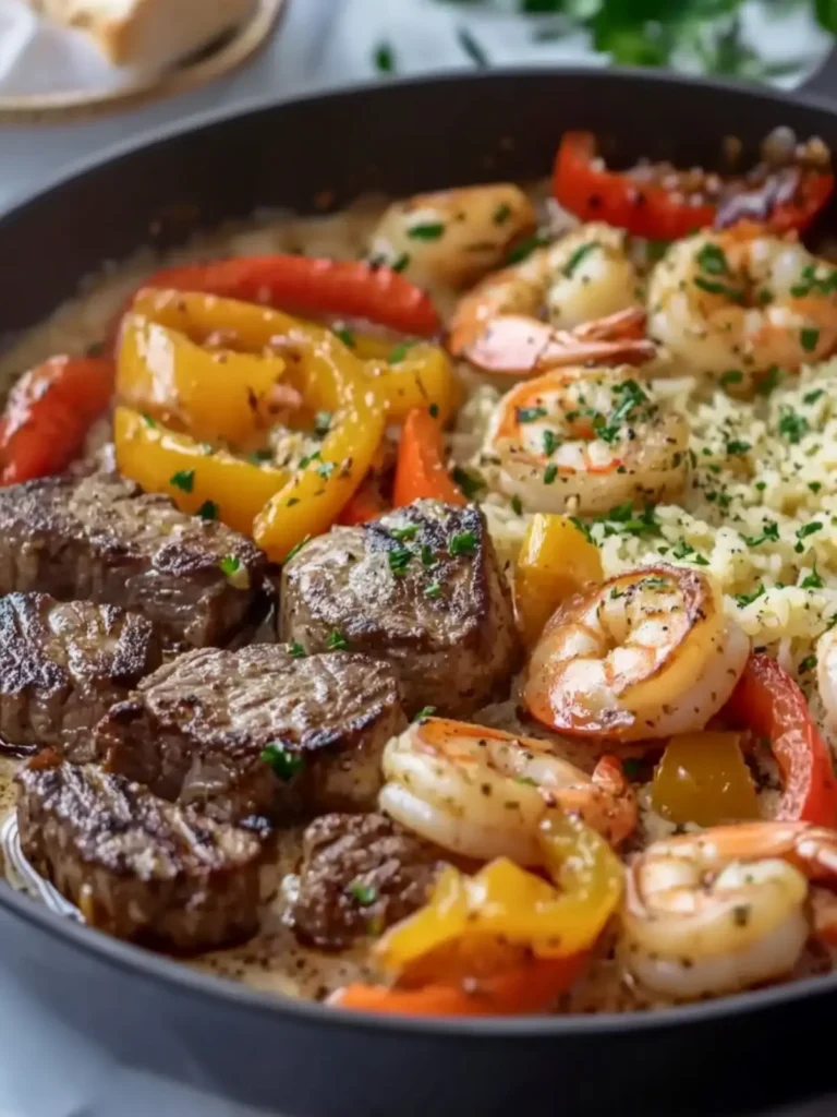Savory Garlic Butter Steak and Shrimp with Creamy Sauce! 4 Garlic Butter Steak and Shrimp with Bell Peppers in Creamy Garlic Sauce