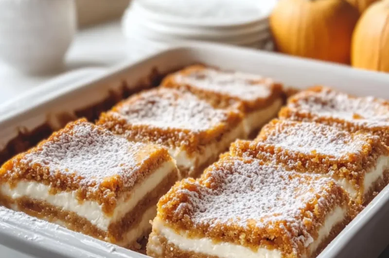 Pumpkin Roll Bars in a Casserole Dish